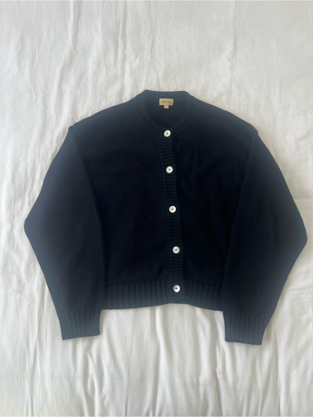 DONNI Black Button-Front Women's Cardigan Sweater with pearl buttons